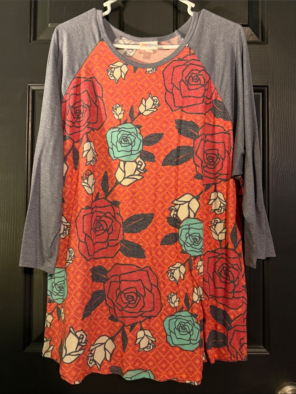 LuLaRoe Red Floral Raglan Top with Gray Sleeves